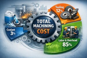 Infographic showing total machining cost distribution with coolant at 3%, tooling at 12%, and labor & overhead at 85%, illustrated with a CNC machining scene and grinding tools.