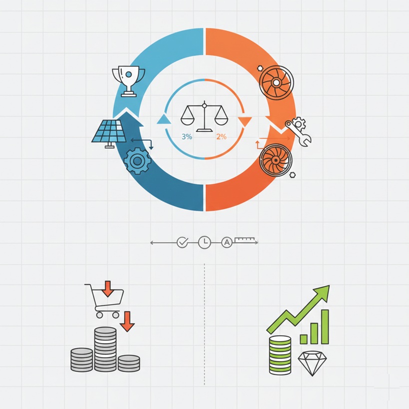 A professional technical infographic with no text, featuring a split-circle diagram at the top comparing Diamond (blue) and CBN (orange) through engineering icons. The bottom section illustrates a financial comparison: the left side shows a shopping cart with a downward arrow over a stack of coins (lower initial/operational cost), while the right side features a rising bar chart, an upward arrow, and a diamond icon, symbolizing high Return on Investment (ROI) and superior material value.