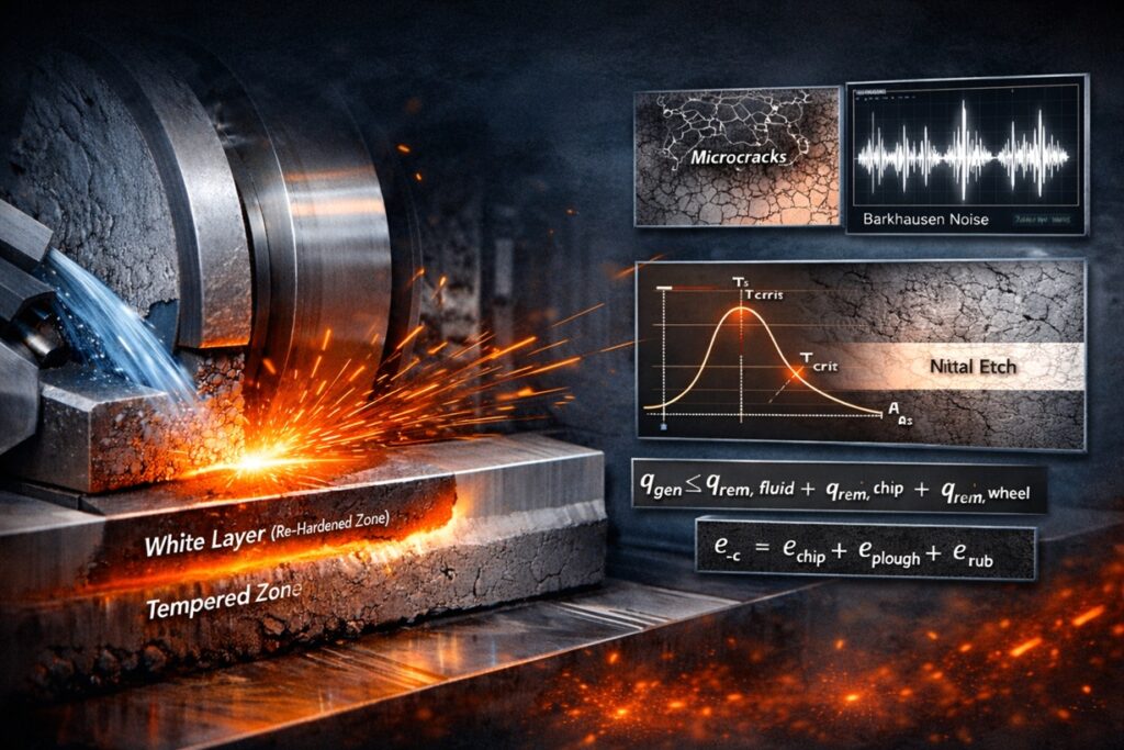 Infographic of a grinding process illustrating grinding burn, white layer formation, tempered zone, microcracks, Barkhausen noise signalan analysis, and heat flux balance in precision machining.