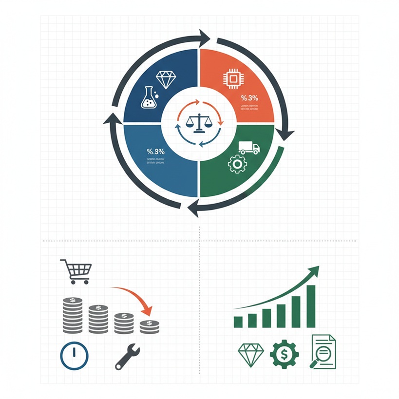 A professional engineering infographic with no text, divided into two sections. The top section shows a circular process diagram with icons for material science, manufacturing, and logistics around a central balance scale. The bottom-left section illustrates a cost reduction through a downward arrow over stacks of coins and tool icons. The bottom-right section shows a rising bar graph with a green upward arrow, a diamond, and a dollar symbol, representing increased ROI and production value.