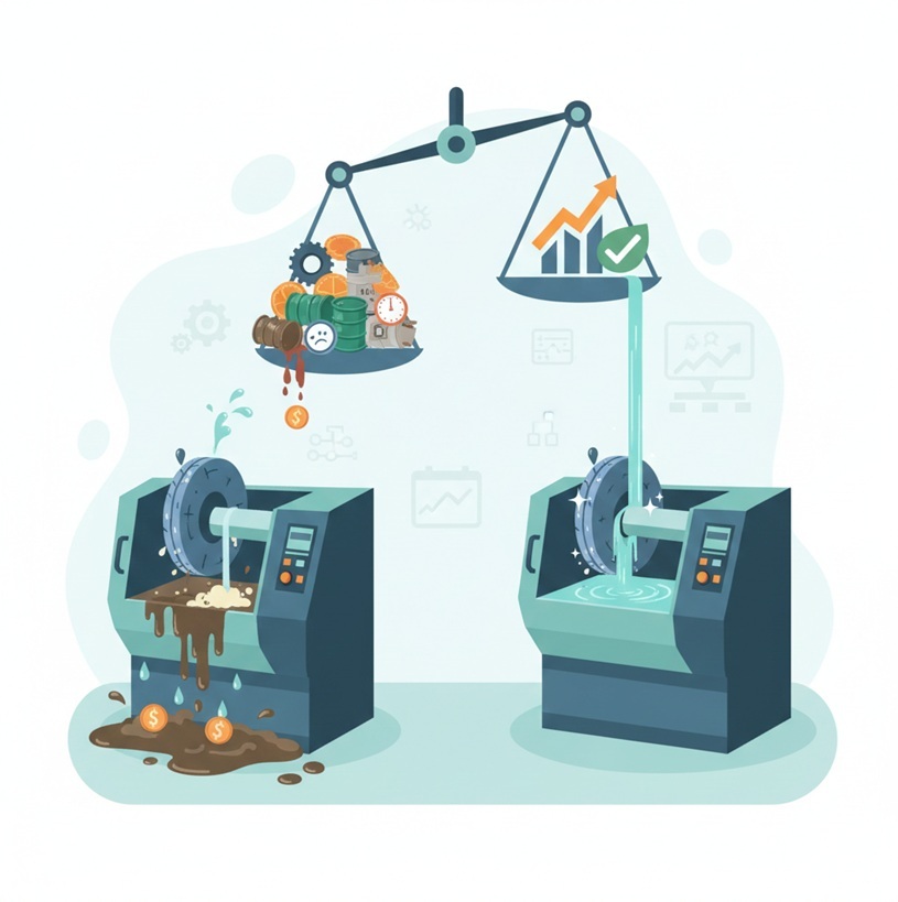 A conceptual infographic comparing two industrial grinding machines. The left side shows a machine with dark, contaminated fluid leaking coins (representing financial loss) and a sad face icon. The right side features a machine with clean, blue fluid, a scale showing a rising growth chart, and a green checkmark, symbolizing operational efficiency, cost savings, and machine longevity.