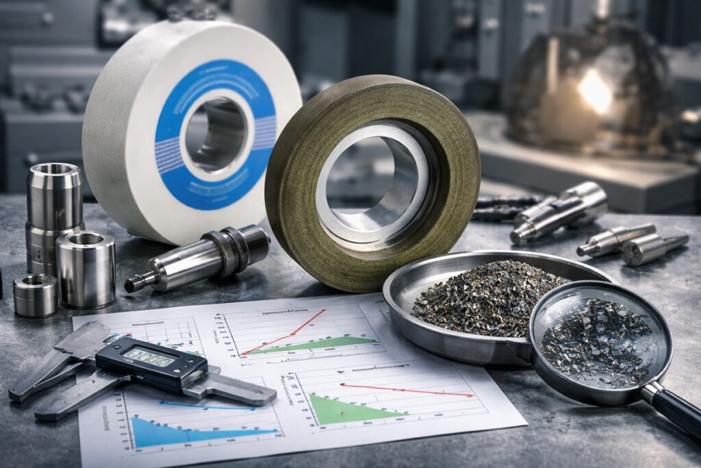 Grinding wheels, metal swarf, and measurement tools representing abrasive wear analysis and grinding process diagnostics in precision manufacturing.