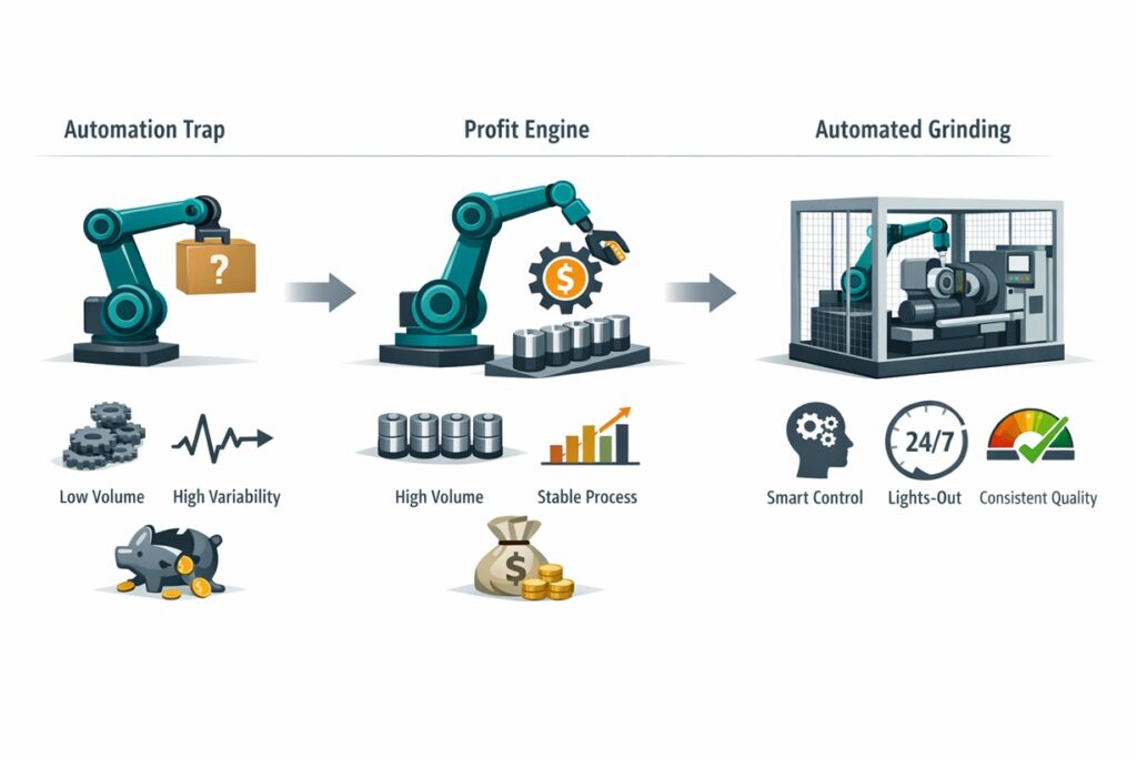 Infographic illustrating grinding automation ROI with three stages: Automation Trap characterized by low volume and high variability, Profit Engine enabled by high volume and a stable process, and Automated Grinding featuring smart control and unattended lights-out operation (24/7) with consistent quality.
