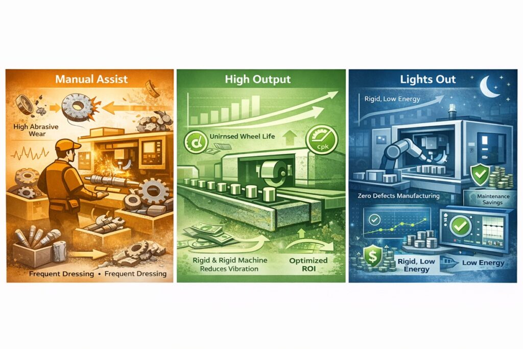 Triptych infographic showing how machine tool stiffness affects grinding performance, wheel life, process stability, and long-term ROI.