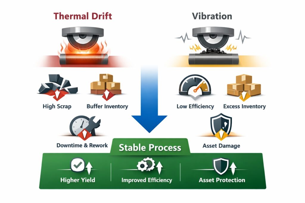 Infographic comparing thermal drift and vibration in precision grinding, showing their impacts (scrap, inventory, downtime, low efficiency, asset damage) and the outcome of a stable process (higher yield, improved efficiency, asset protection).