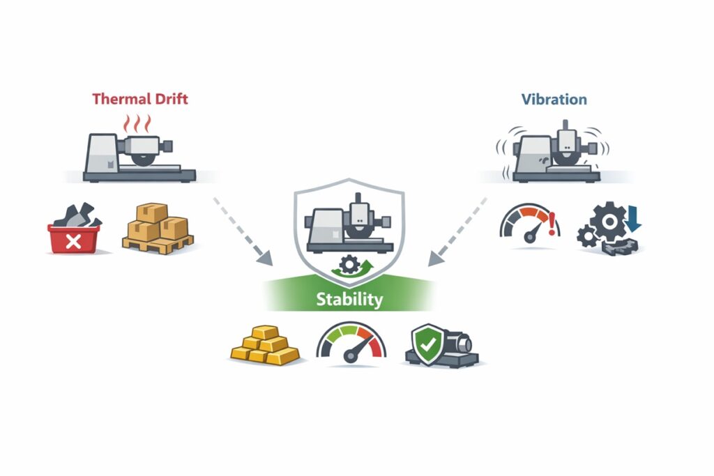 Minimal infographic showing key factors in high-speed grinding—thermal drift, vibration/chatter risk, and process stability—linked to speed, coolant delivery, and machine stiffness.