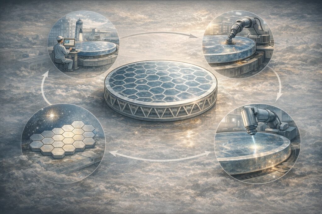 Realistic infographic showing large telescope mirror fabrication with lightweight honeycomb core, robotic surfacing, ion beam figuring, and segmented mirror calibration in a circular process flow