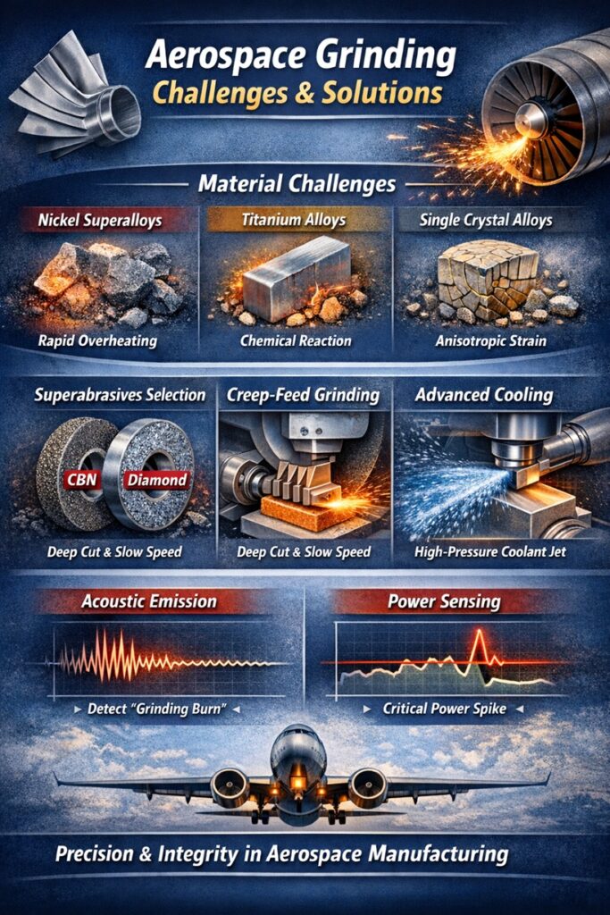 Infographic showing aerospace grinding challenges and solutions including nickel superalloy overheating, creep-feed grinding strategy, and high-pressure coherent jet cooling.