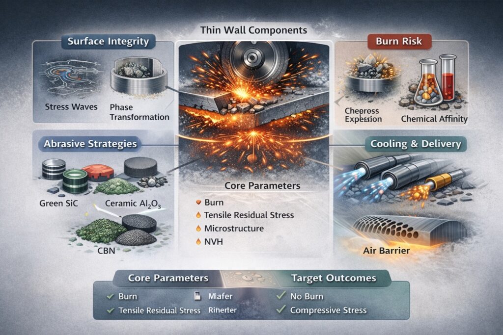 Infographic showing automotive grinding surface integrity factors including burn risk, abrasive strategies, cooling delivery, and residual stress control.