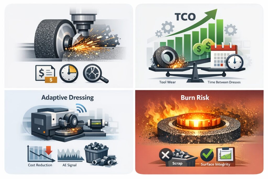Infographic showing grinding dressing cost drivers: tool wear vs time between dresses (TCO), adaptive dressing with AE monitoring, and grinding burn risk affecting scrap and surface integrity.