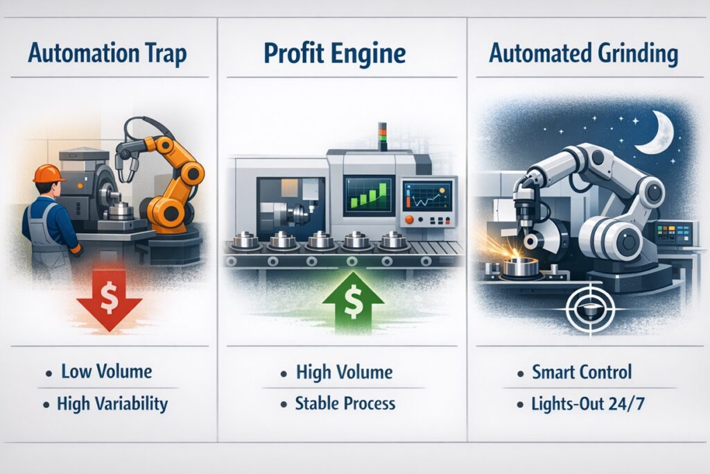 Infographic comparing grinding automation ROI across three stages: Automation Trap with low volume and high variability, Profit Engine with high volume and stable process, and Automated Grinding with smart control and continuous unattended operation.