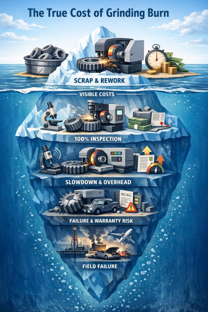 Infographic showing the true cost of grinding burn using an iceberg model, highlighting scrap and rework above the surface and hidden costs such as inspection, slowdown, warranty risk, and field failure below.