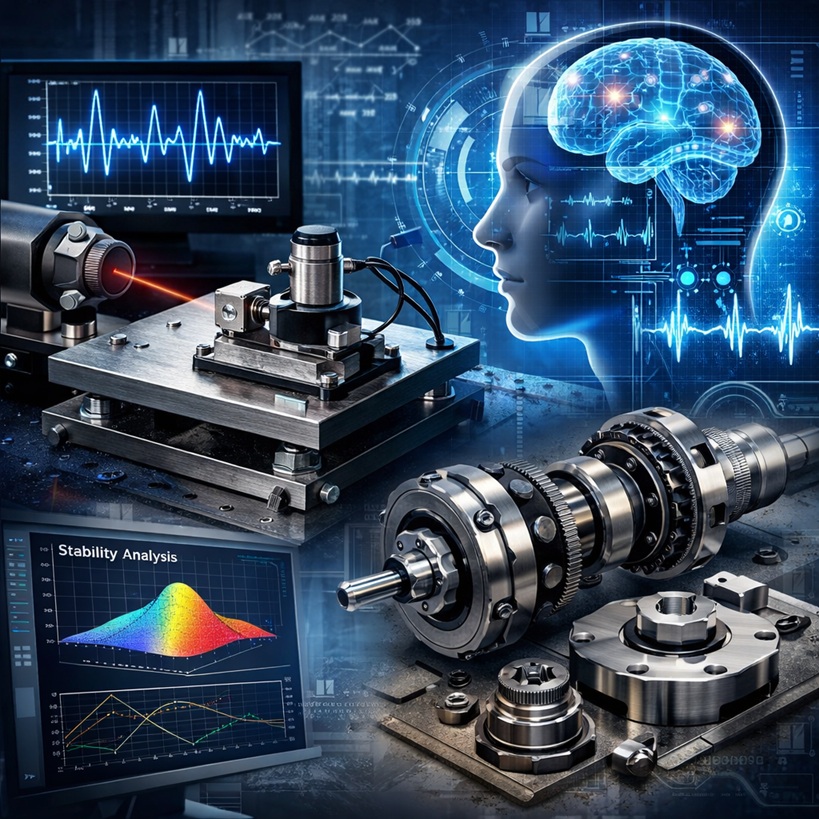 Technical illustration showing grinding machine vibration, spindle dynamics, chatter frequency analysis, and stability lobe concepts used in precision machining diagnostics.