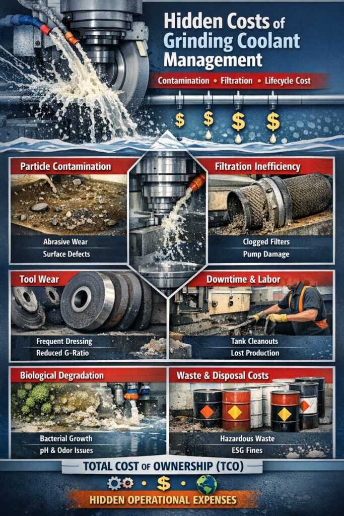 Infographic showing hidden costs of grinding coolant (MWF) management: particle contamination, clogged filters, tool wear, downtime, biological degradation, and hazardous waste disposal contributing to higher TCO.