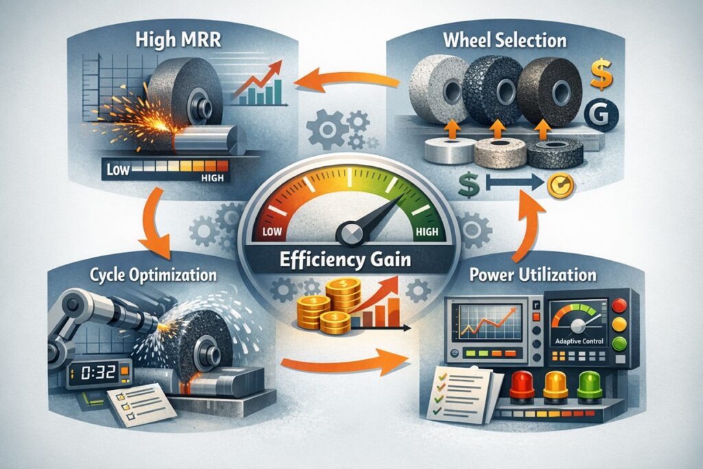 Industrial grinding efficiency infographic showing a central performance gauge surrounded by scenes of high material removal, abrasive wheel types, reduced cycle time, and adaptive spindle power control in a machining environment.