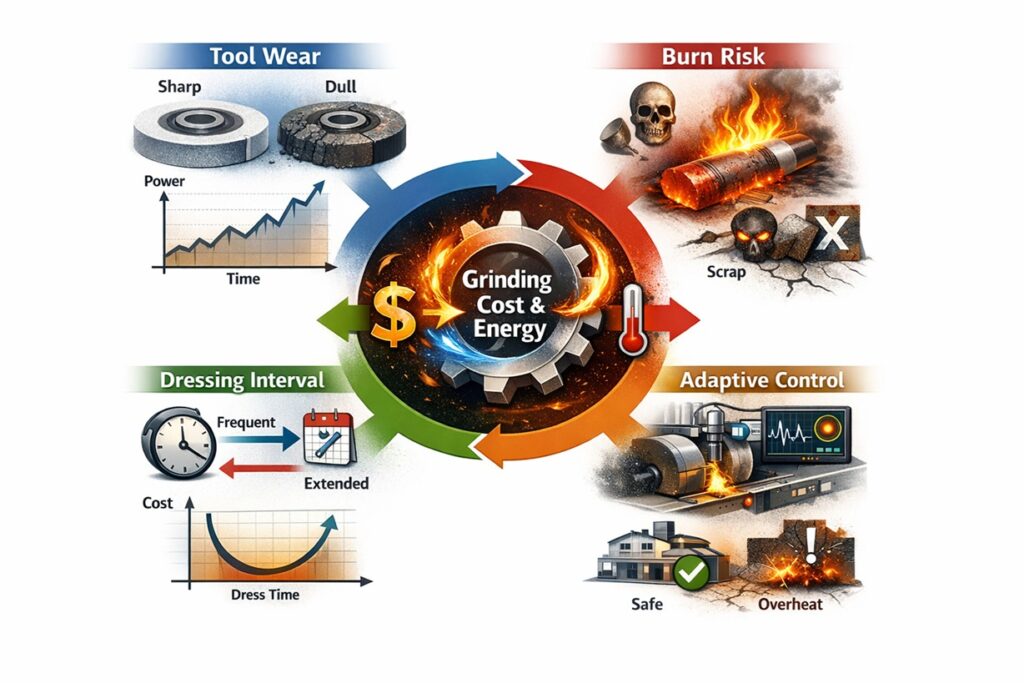 Infographic illustrating grinding energy flow, including specific grinding energy (uₛ), energy partition (Rₓ), spindle power, wheel and work speed interaction, coolant pumping load, dressing interval effects, and chiller energy cost.