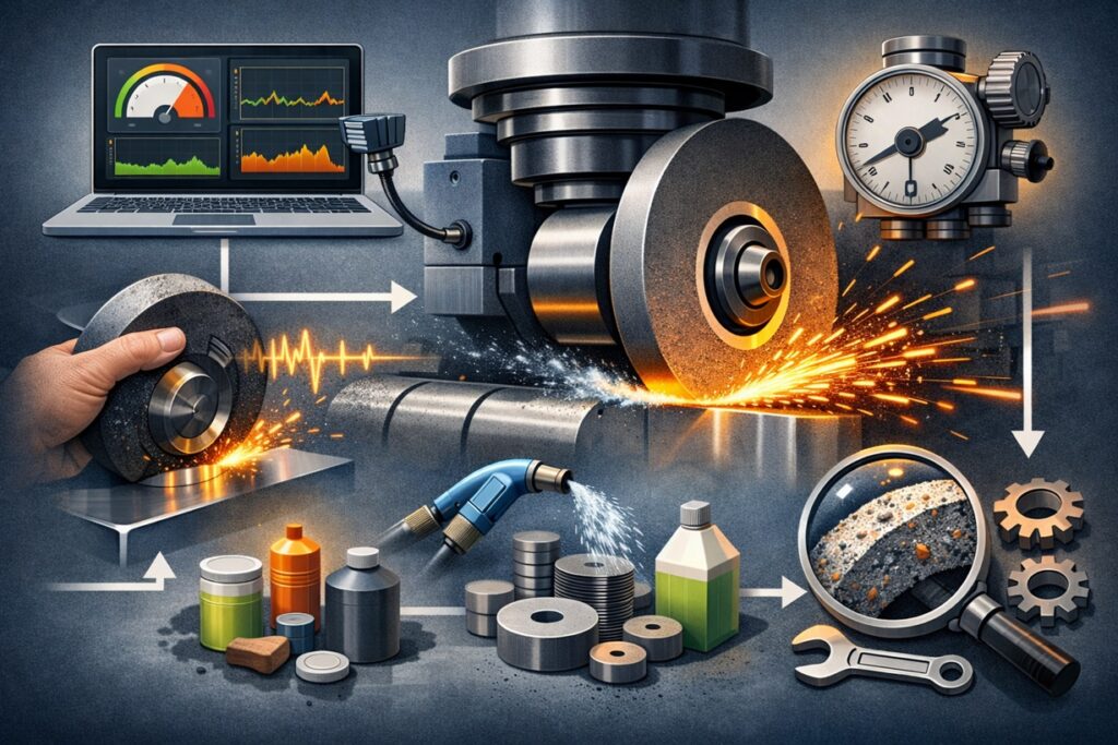 Infographic showing grinding force generation at the wheel–workpiece interface, including sparks, coolant lubrication, and process monitoring elements for grinding stability.