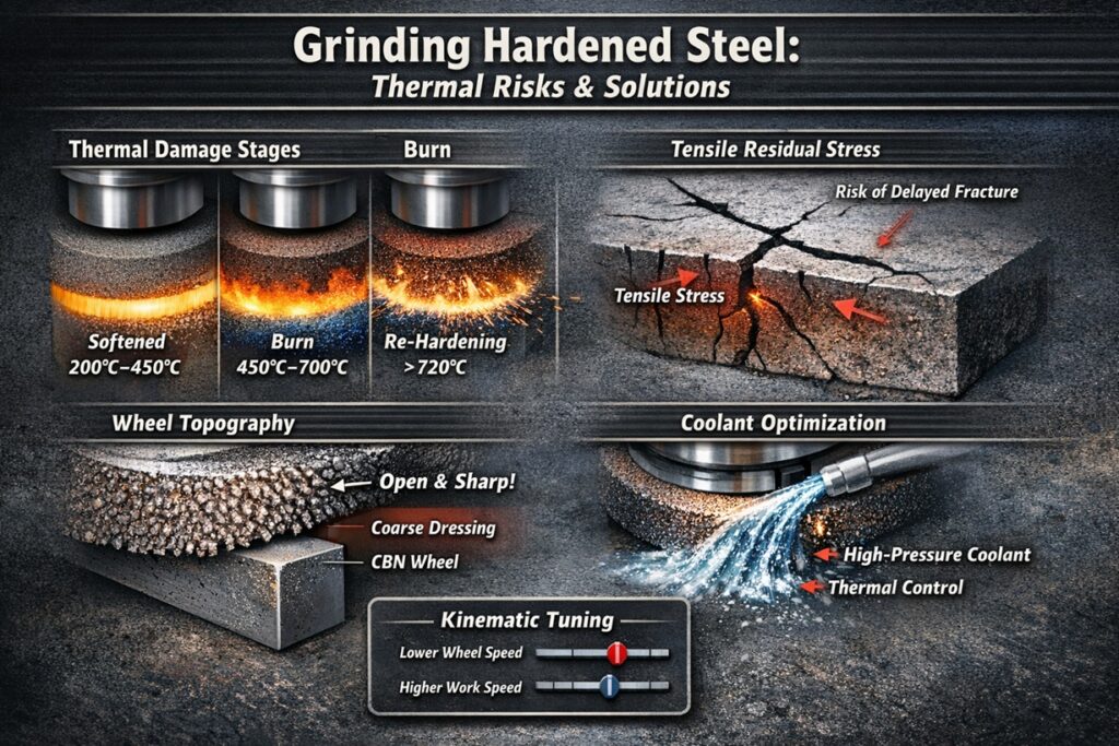 Infographic showing thermal damage stages, tensile residual stress, wheel topography, coolant optimization, and kinematic tuning in hardened steel grinding.