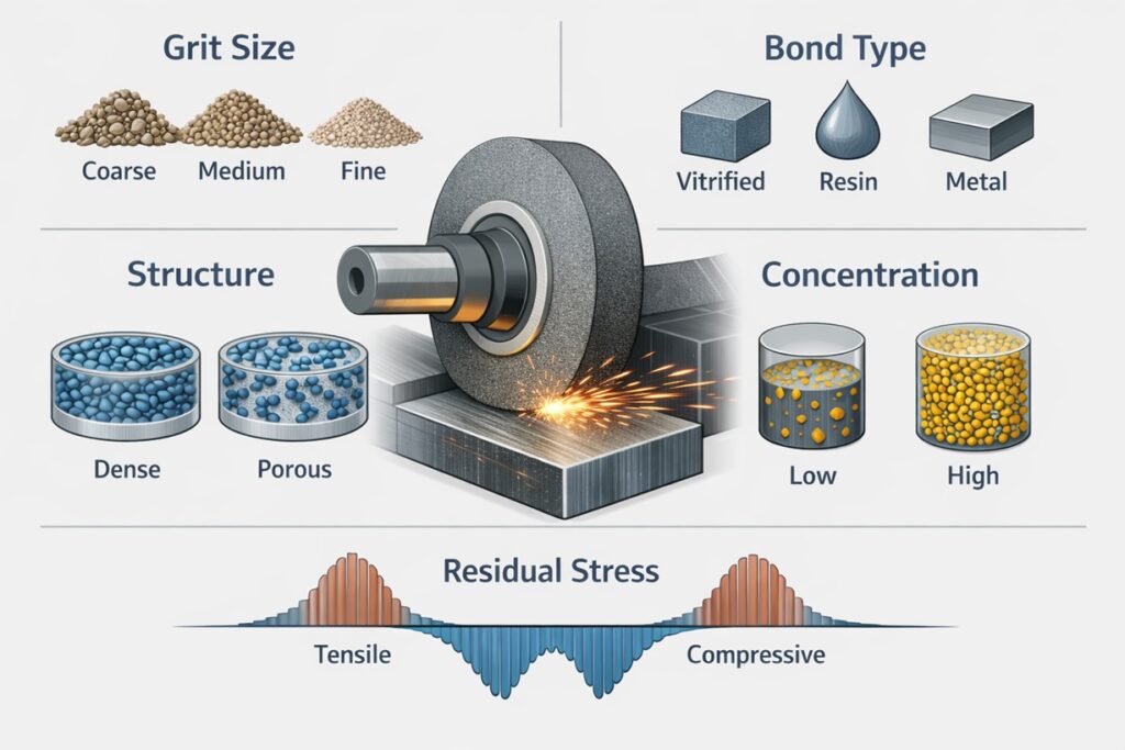 Grinding wheel specification infographic showing grit size (coarse/medium/fine), bond type (vitrified/resin/metal), structure (dense/porous), concentration (low/high), and residual stress profile during grinding.