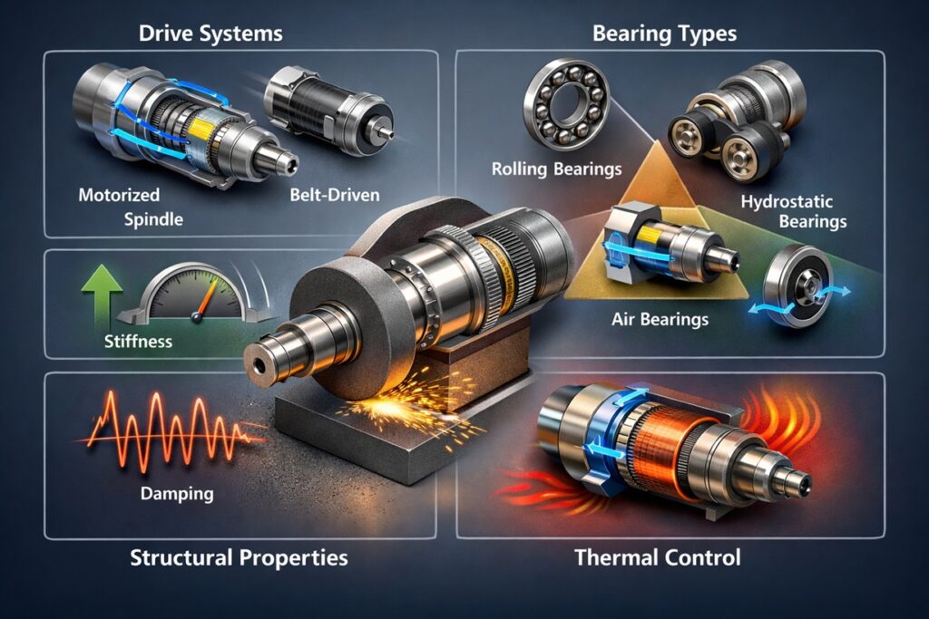 Infographic showing grinding spindle drive systems, bearing types, stiffness and damping, and thermal control