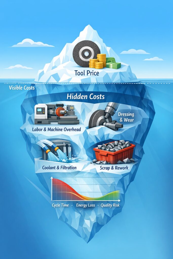 Infographic showing grinding total cost of ownership as an iceberg: wheel price is the visible tip, while machine overhead, dressing downtime, coolant/filtration, energy use, and scrap/rework drive most costs.