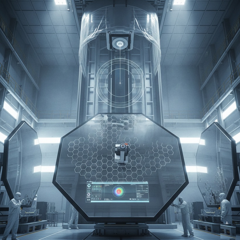 A wide-angle interior view of a high-tech optical fabrication facility showing a massive hexagonal telescope mirror positioned beneath a vertical metrology tower. The mirror surface reflects an internal honeycomb rib structure for lightweighting, while engineers in cleanroom suits monitor nanometric form error data in a vibration-isolated, climate-controlled environment.