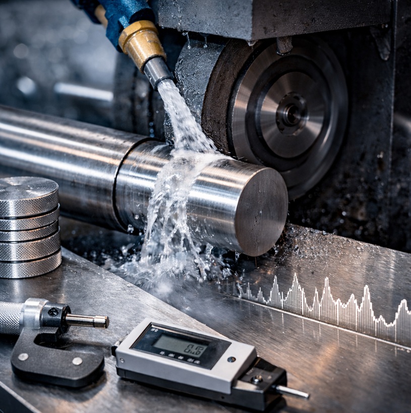 Close-up of a precision cylindrical grinding operation showing coolant application, grinding wheel contact, and surface measurement instruments on a metal workpiece in an industrial setting.