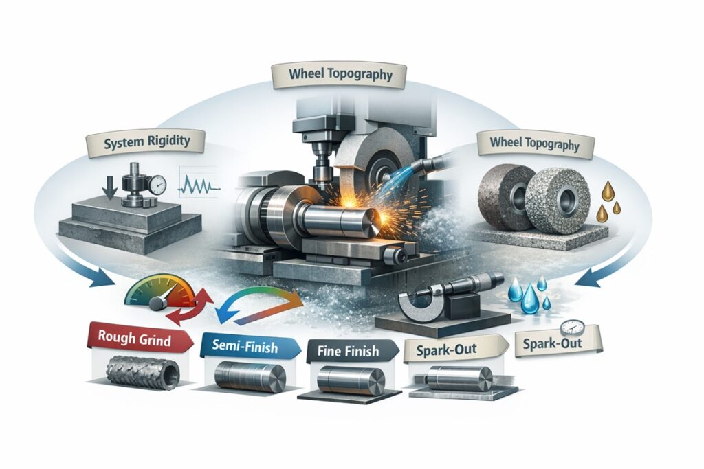 Technical infographic of a precision grinding process showing a cylindrical workpiece being ground, with visual elements representing machine rigidity, wheel dressing, coolant application, staged finishing passes, and spark-out for sub-micron accuracy.