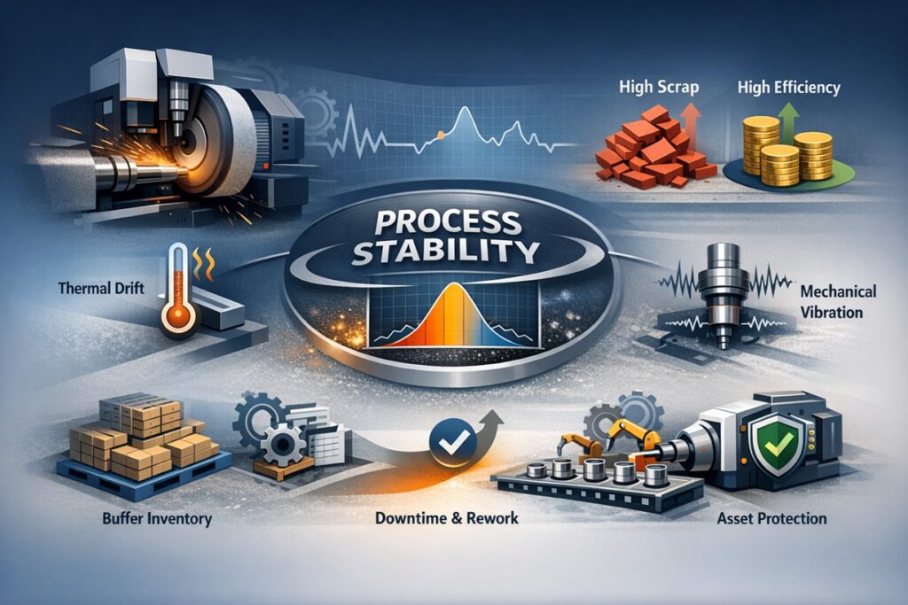 Infographic illustrating precision grinding process stability, showing the impact of thermal drift and mechanical vibration on scrap rate, efficiency, buffer inventory, downtime and rework, and asset protection.