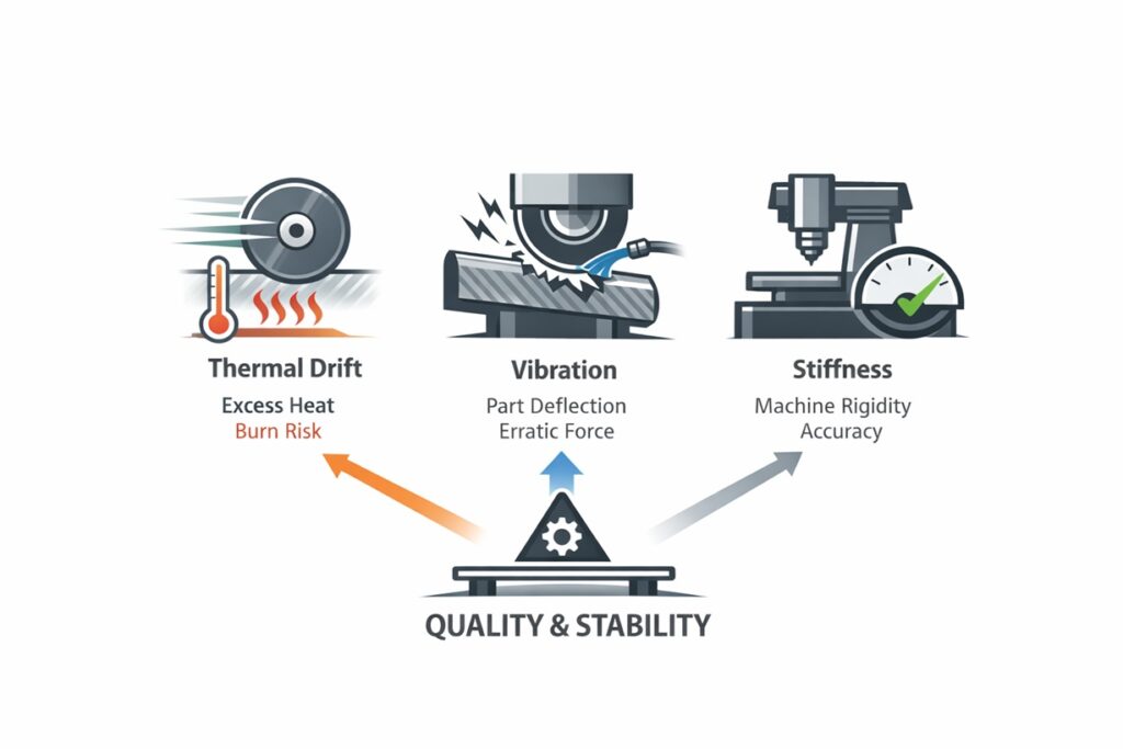 Infographic showing how thermal drift causing burn risk, vibration causing part deflection, and machine stiffness affecting accuracy collectively influence quality and stability in precision grinding processes.
