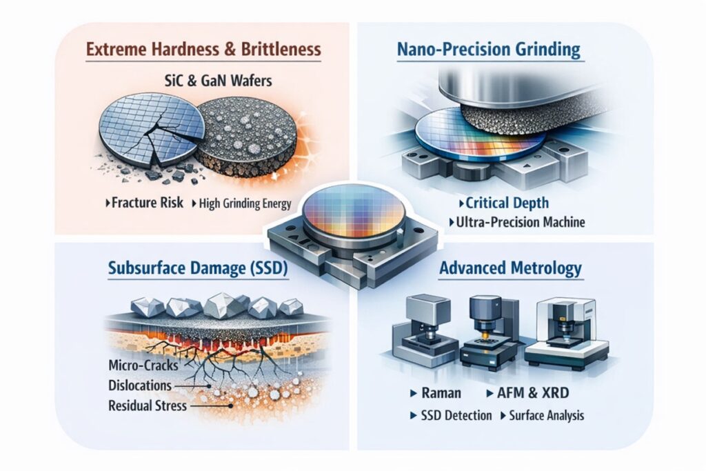 Infographic illustrating SiC and GaN wafer grinding challenges, nano-precision grinding, subsurface damage mechanisms, and advanced metrology methods in semiconductor manufacturing.