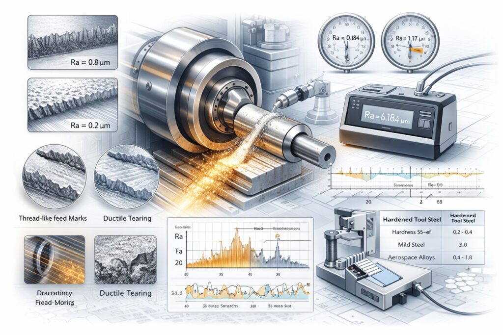 Technical illustration depicting surface roughness generation on a machined shaft, with measurement sensors, signal graphs, and analysis of surface texture characteristics in precision manufacturing.