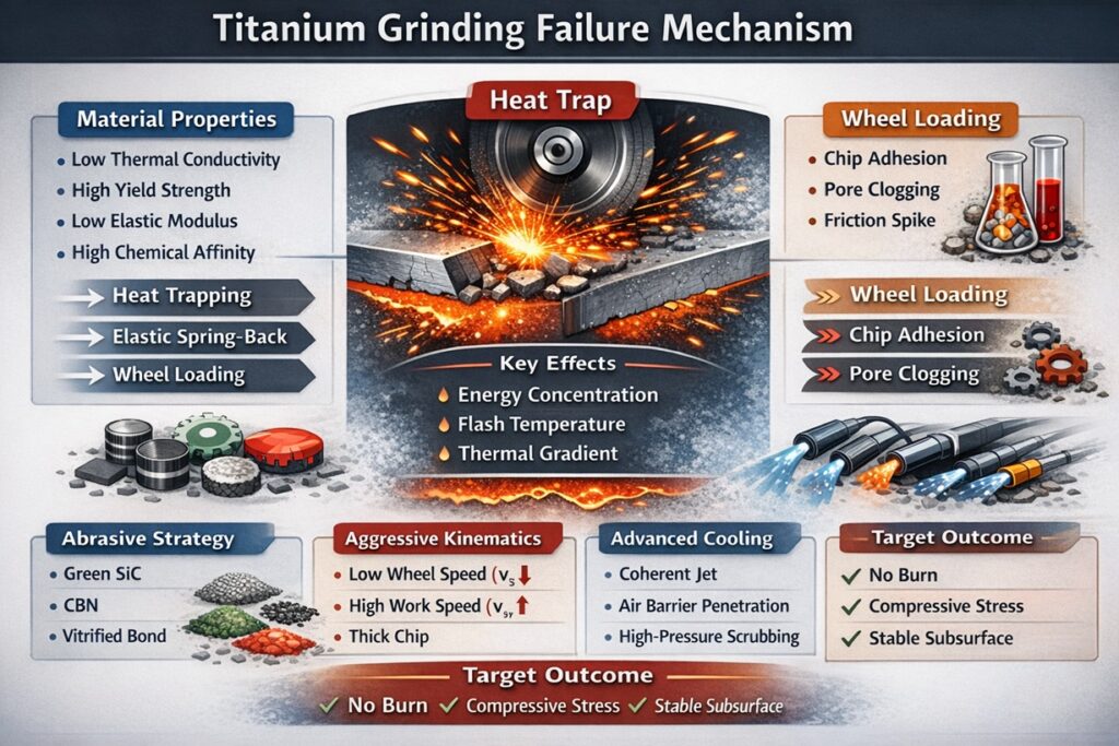 Infographic showing titanium grinding failure mechanisms such as heat trap, wheel loading, abrasive strategy, aggressive kinematics, and advanced cooling.
