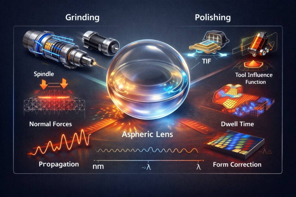 Infographic of ultra-precision aspheric lens manufacturing showing grinding (spindle, normal force, error propagation) and polishing (TIF, dwell time, form correction) around a central lens