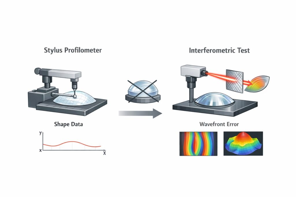 Side-by-side infographic showing a stylus profilometer measuring an aspheric lens on the left and an interferometer with a laser and hologram measuring wavefront error on the right, highlighting the transition from shape data to optical wavefront maps.