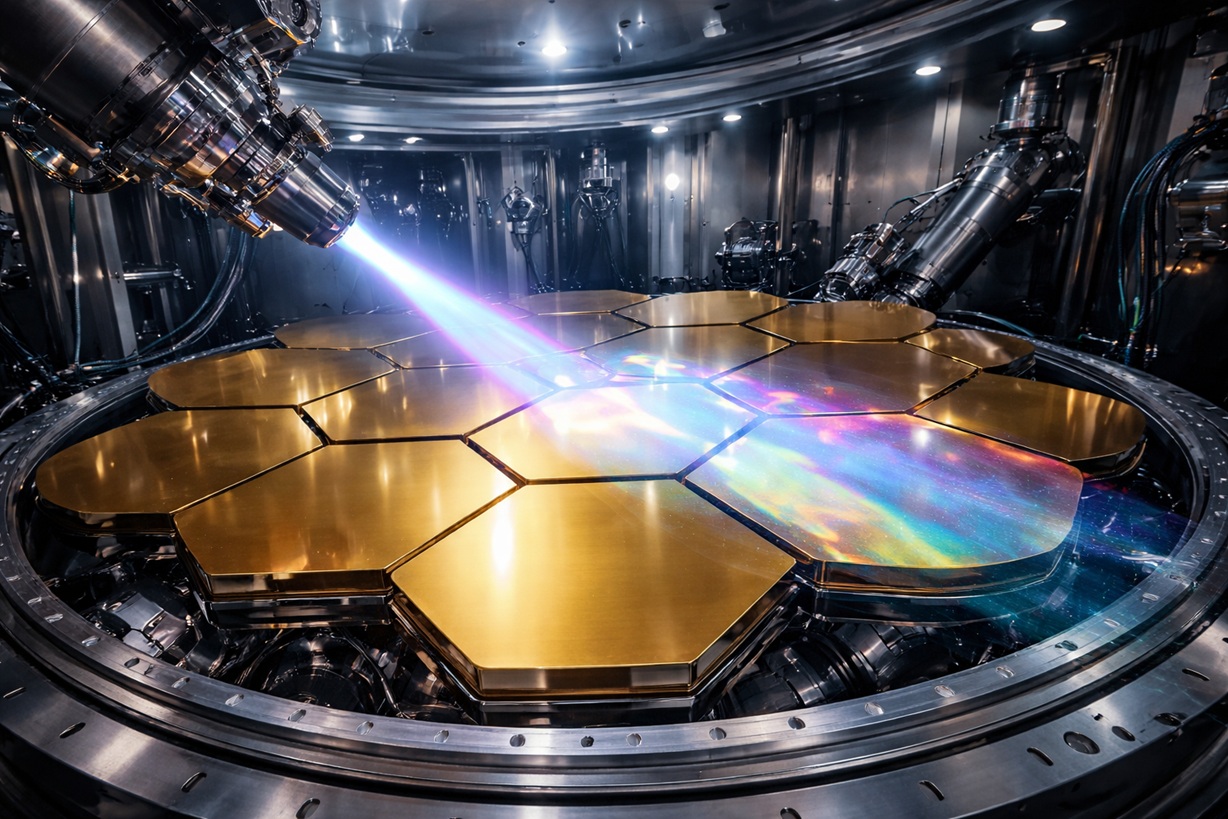 Robotic thin-film coating of segmented giant telescope mirrors inside a high-vacuum chamber, showing precision optical deposition on hexagonal mirror segments.