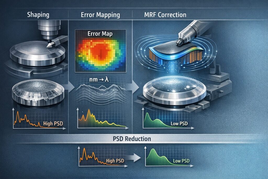 Infographic showing ultra-precision optics finishing with magnetorheological fluid ribbon, dwell-time correction map, and reduced mid-spatial frequency errors for aspheric surfaces.
