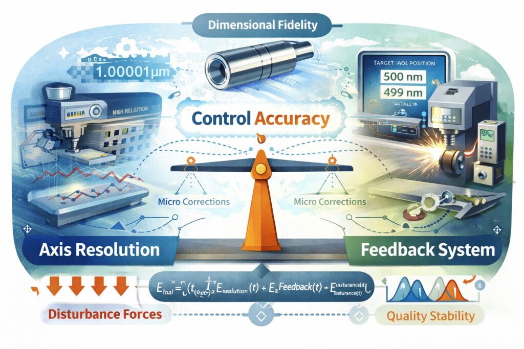 Infographic showing relationship between axis resolution, feedback system, and control accuracy in precision grinding machines