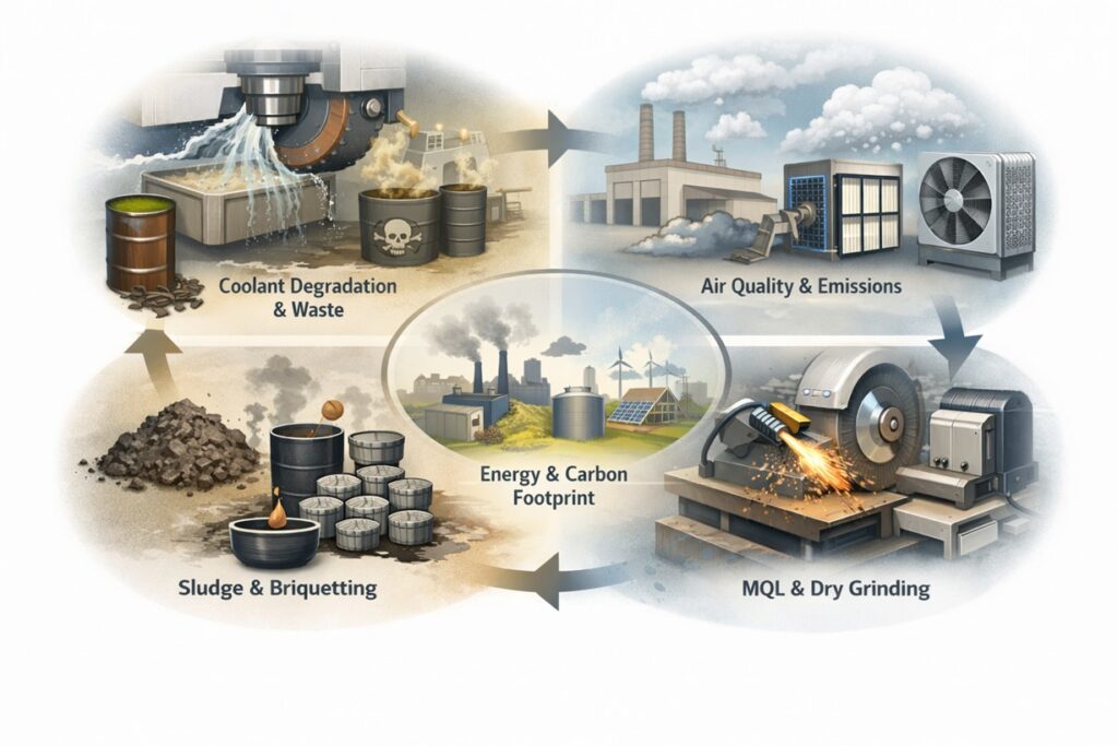 Infographic showing the environmental compliance cost of industrial grinding, including coolant waste, sludge briquetting, air quality emissions, energy and carbon footprint, and MQL dry grinding systems.