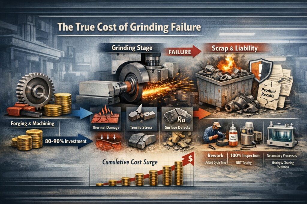 Wide industrial infographic of a grinding machine with sparks, defect icons, rework and inspection scenes, scrap bin, and rising cost chart illustrating the true cost of grinding failure.