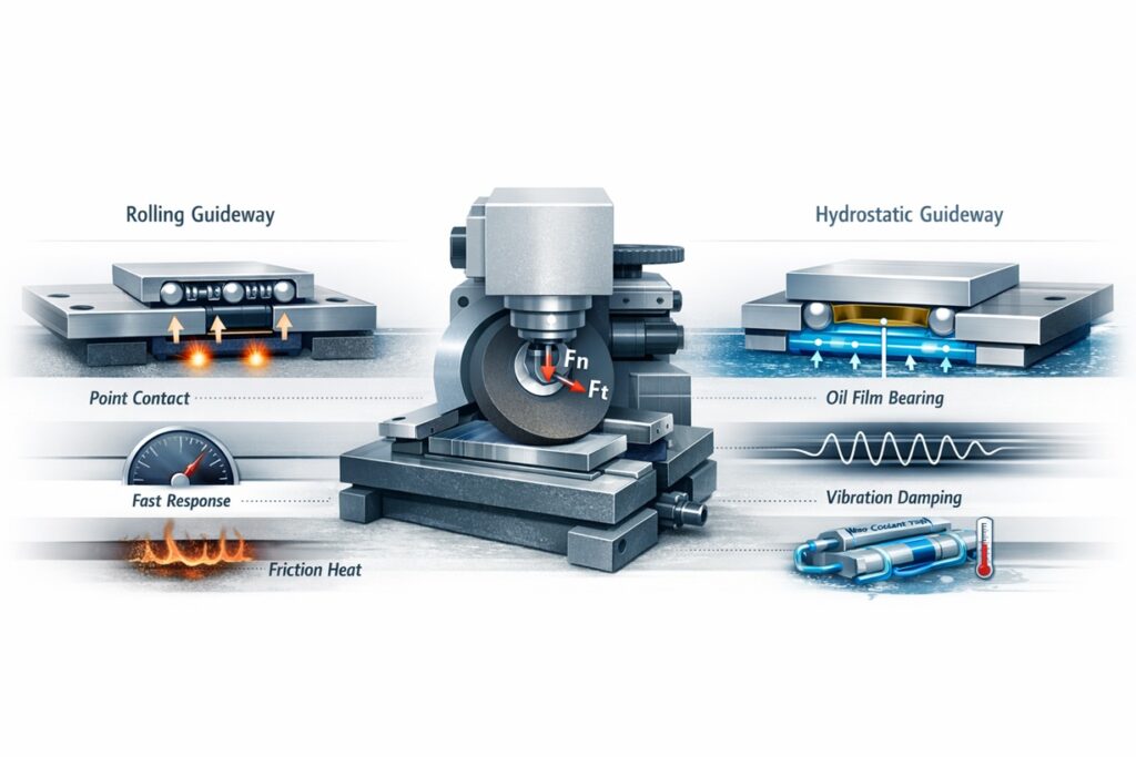 Infographic showing a grinding machine with side-by-side comparison of rolling guideway and hydrostatic guideway, including point contact, oil film support, friction heat, vibration damping, and coolant-related thermal control.
