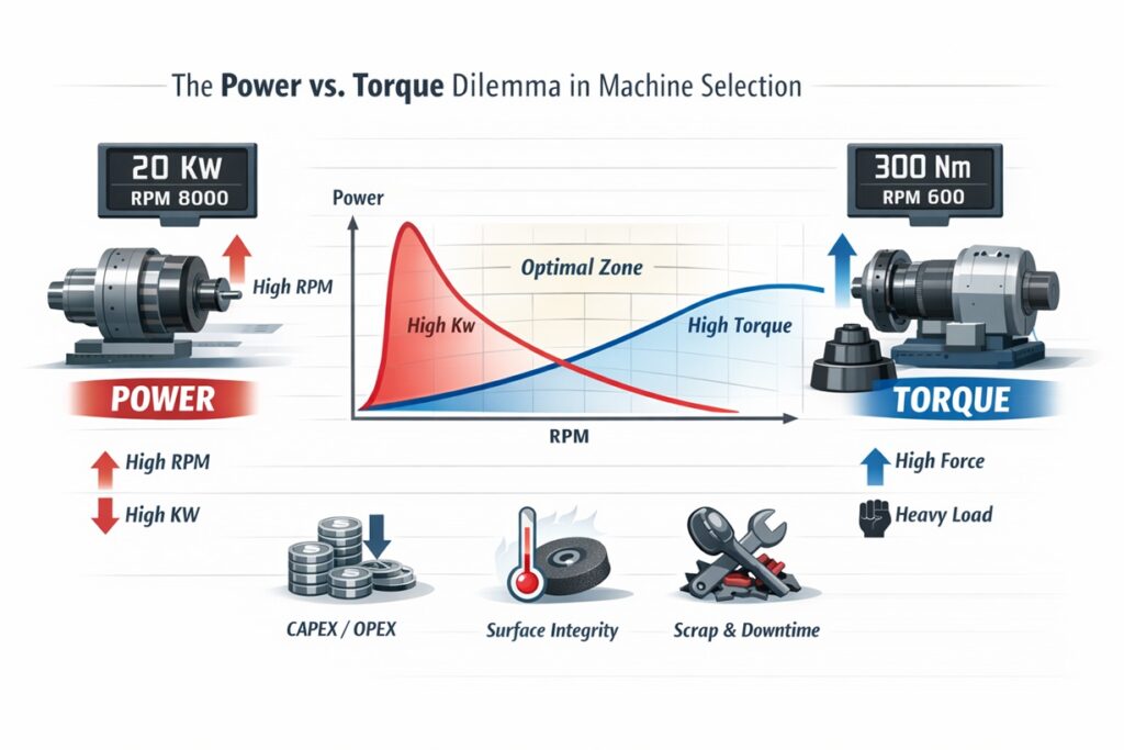 Wide infographic comparing power and torque for grinding machine selection, with spindle illustrations, power and torque curves, optimal operating zone, and icons for cost, surface integrity, and scrap risk.