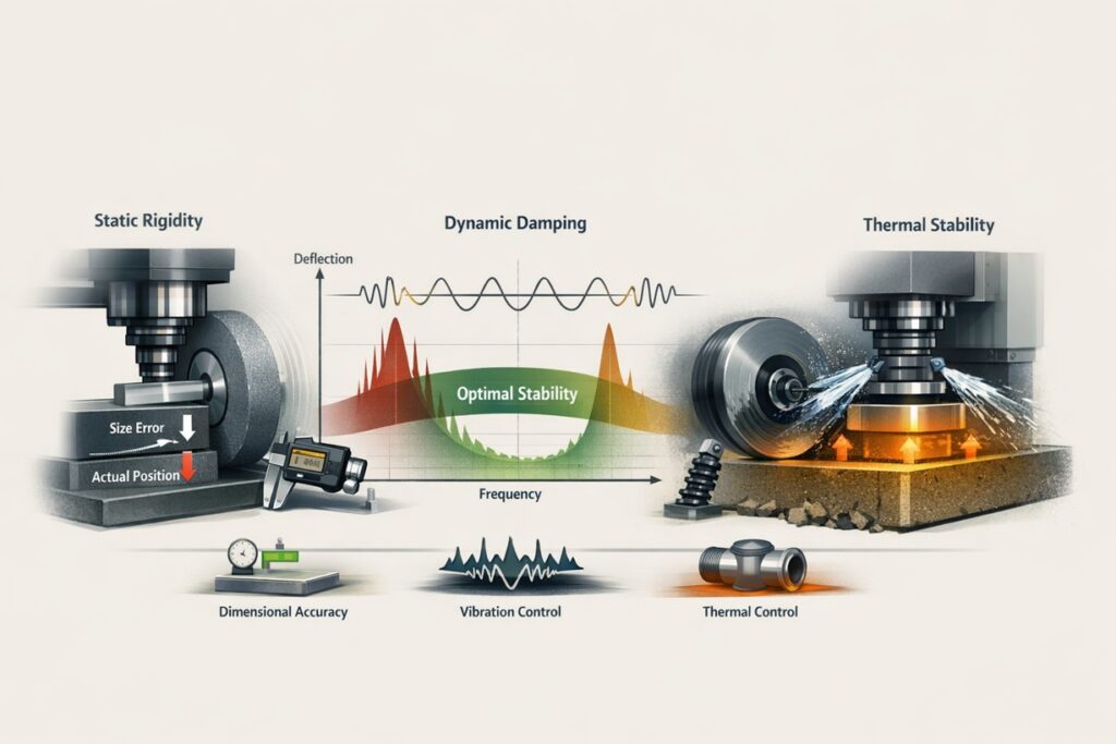 Wide infographic showing a grinding machine with sections for static rigidity, dynamic damping, and thermal stability, including deflection graphics, vibration curves, coolant flow, and quality control elements related to precision grinding stability.