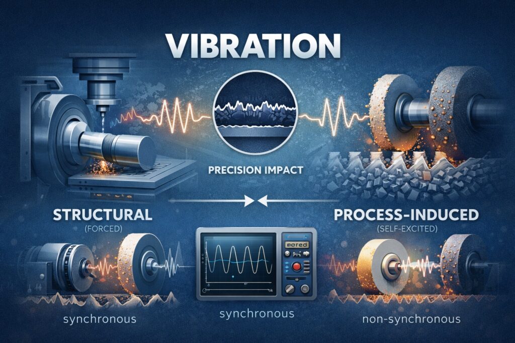 Infographic showing structural versus process-induced vibration in precision grinding, comparing synchronous and non-synchronous vibration effects on surface quality and machining accuracy