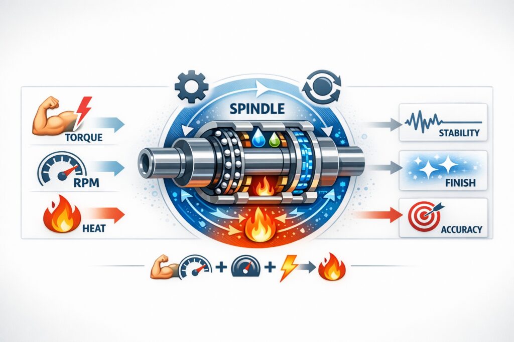 Infographic of grinding spindle system illustrating torque, RPM, heat flow, bearing structure, and resulting stability, surface finish, and accuracy.