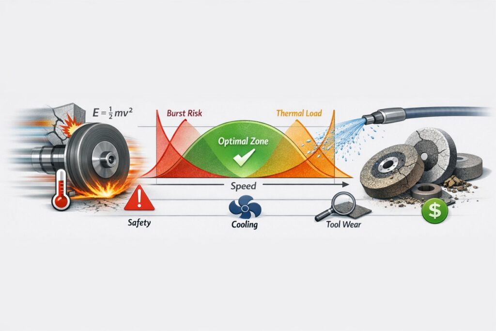 Wide infographic showing a rotating grinding wheel, burst risk and thermal load curves, coolant spray, worn wheels, and an optimal speed zone to explain the balance between safety, cooling, and tool life in precision grinding.