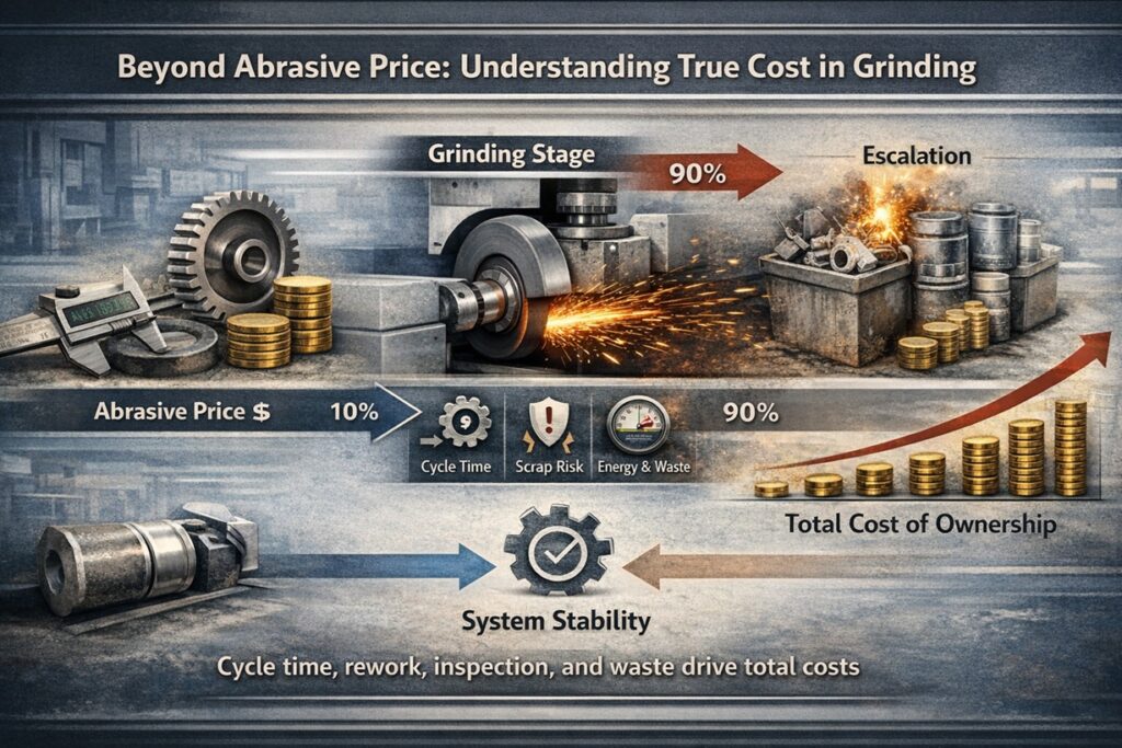 Wide industrial infographic showing a grinding machine, abrasive wheel, coins, rising cost chart, and icons for cycle time, scrap risk, energy, and system stability to explain total cost of ownership in grinding.