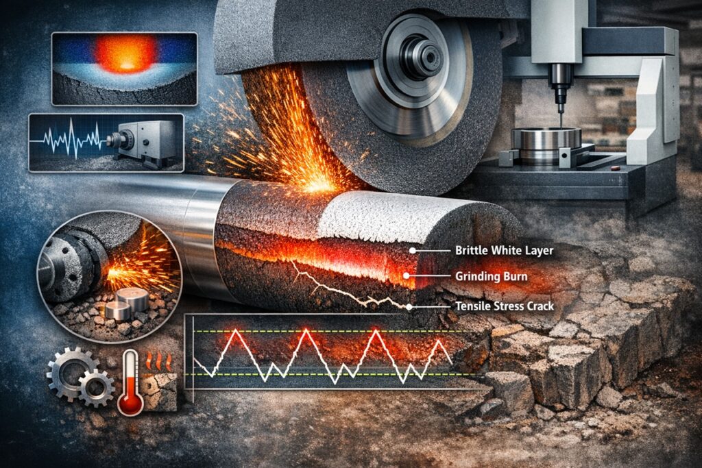 Infographic of precision grinding showing thermal burn risk, white-layer formation, tensile stress cracking, vibration signatures, and inspection setup to explain why published tool-life data often fails in production.