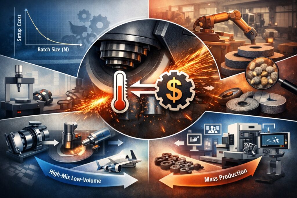 Infographic showing a grinding wheel with sparks, linked heat and cost icons, and panels comparing small-batch setup burden vs mass-production stability with ELID and process control elements.