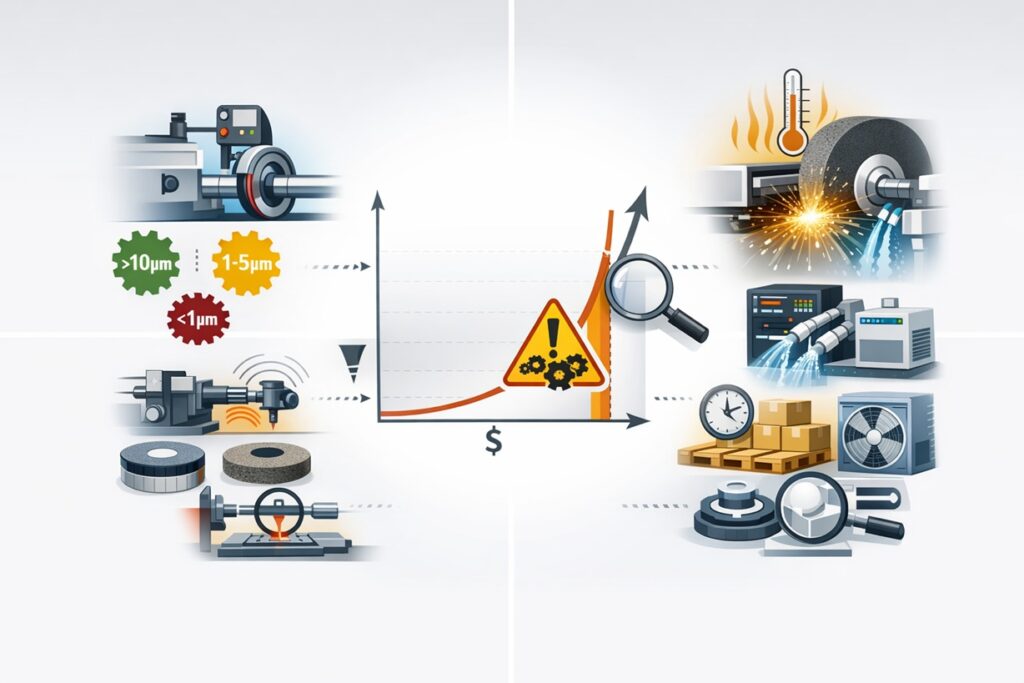 Infographic showing how tighter tolerances in precision grinding drive steep cost increases through thermal drift, structural vibration, abrasive wear, inspection complexity, and environmental control requirements.